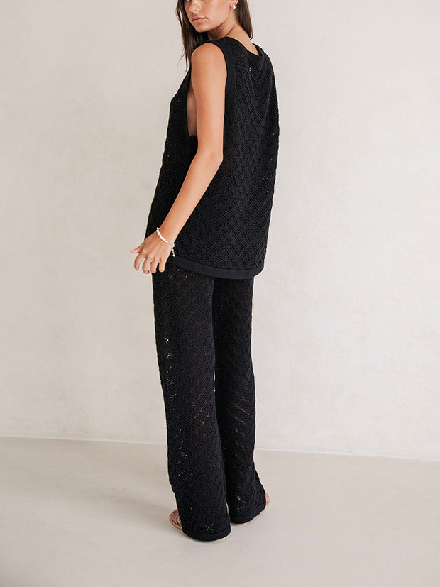 Knitted hollow v-neck top and wide-leg pants two-piece set