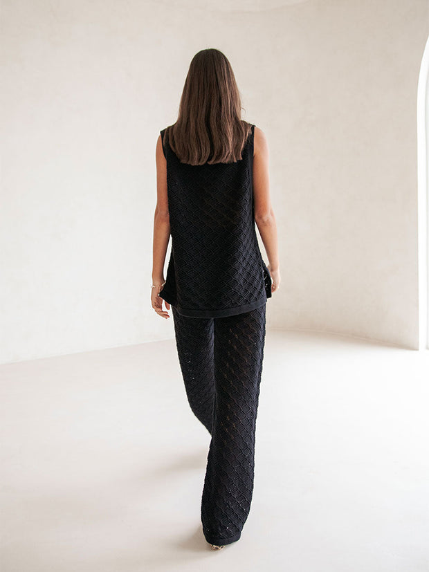 Knitted hollow v-neck top and wide-leg pants two-piece set