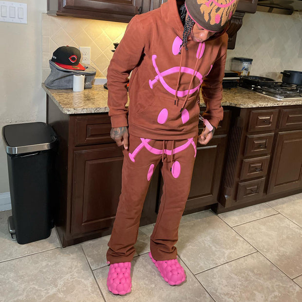 Fashionable casual smiley print loose sweatshirt pants suit