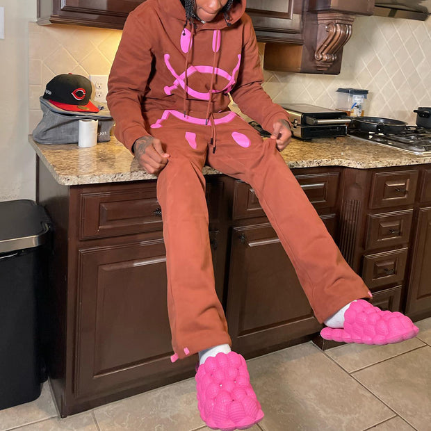 Fashionable casual smiley print loose sweatshirt pants suit