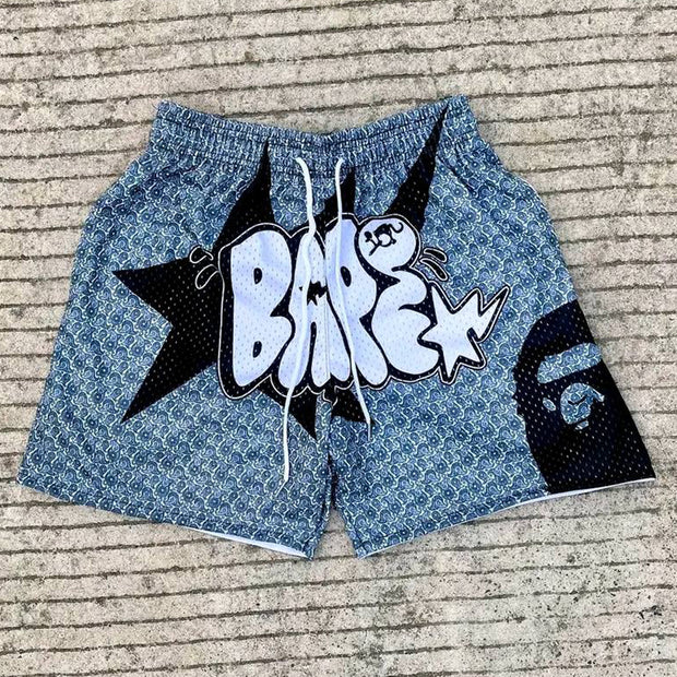 Lucky Star Casual Street Retro Skateboard Mesh Shorts