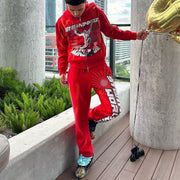 Fashion Print Zipper Hoodie Sweatpants Two Piece Set