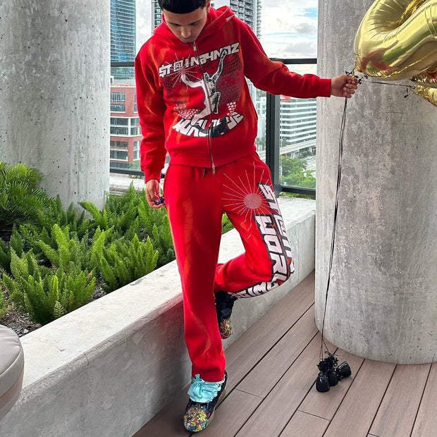Fashion Print Zipper Hoodie Sweatpants Two Piece Set