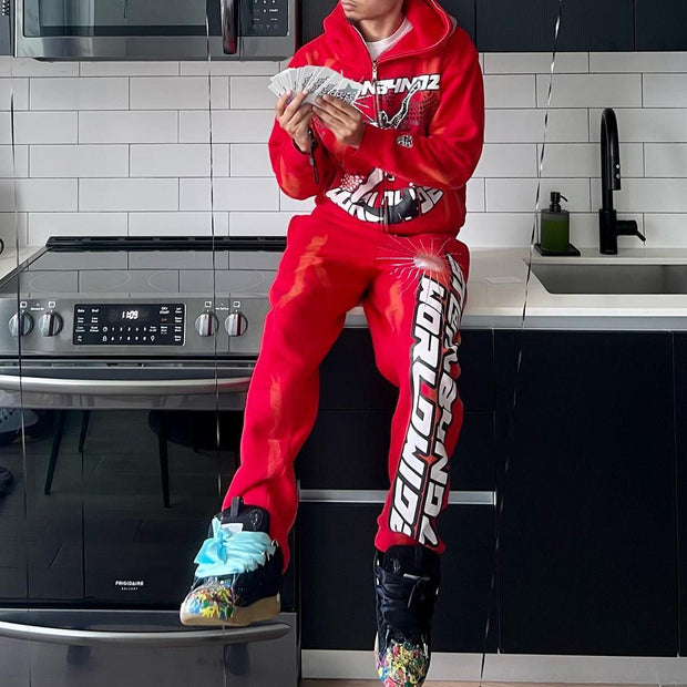 Fashion Print Zipper Hoodie Sweatpants Two Piece Set