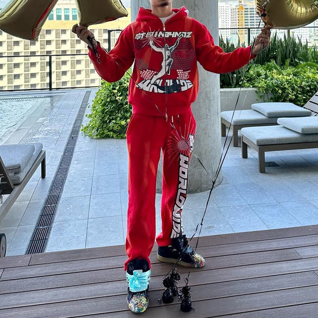Fashion Print Zipper Hoodie Sweatpants Two Piece Set