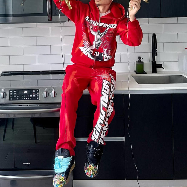 Fashion Print Zipper Hoodie Sweatpants Two Piece Set