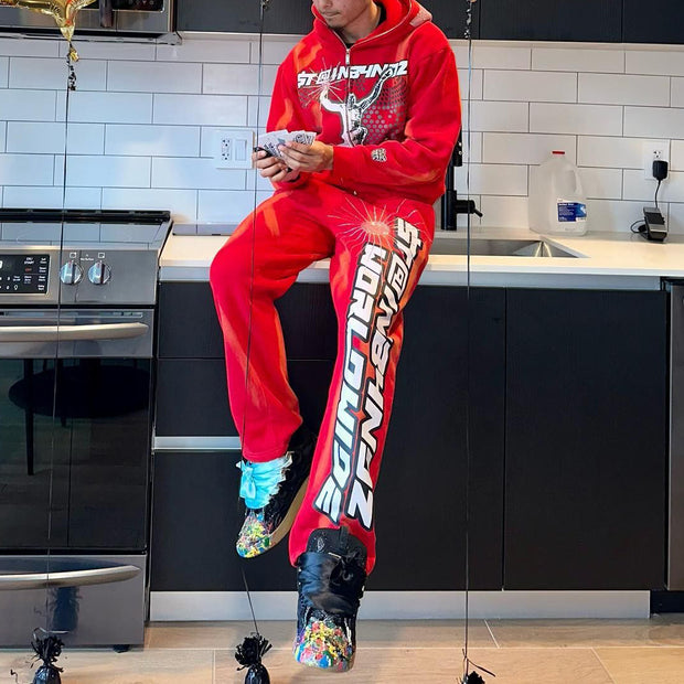 Fashion Print Zipper Hoodie Sweatpants Two Piece Set