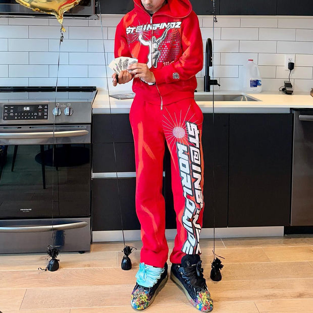 Fashion Print Zipper Hoodie Sweatpants Two Piece Set