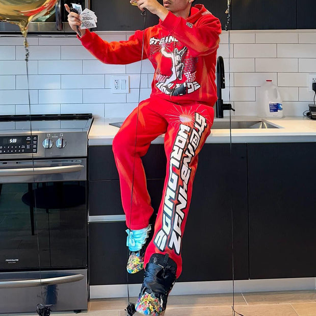 Fashion Print Zipper Hoodie Sweatpants Two Piece Set