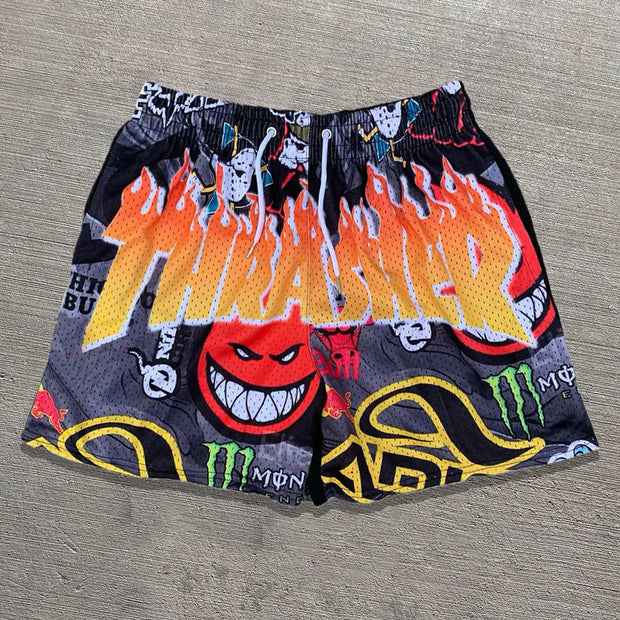 Flame Graffiti Casual Street Mesh Shorts