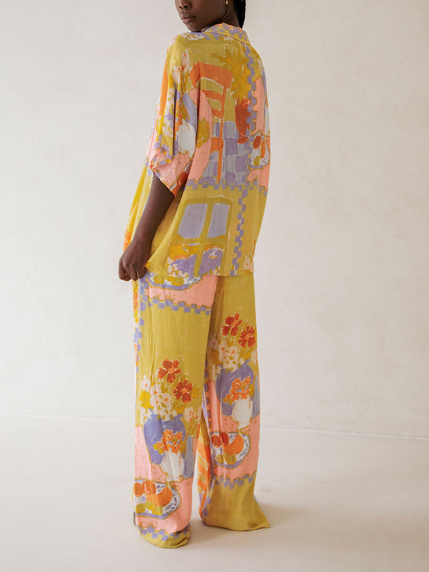 Fashionable holiday style floral shirt wide-leg pants two-piece suit