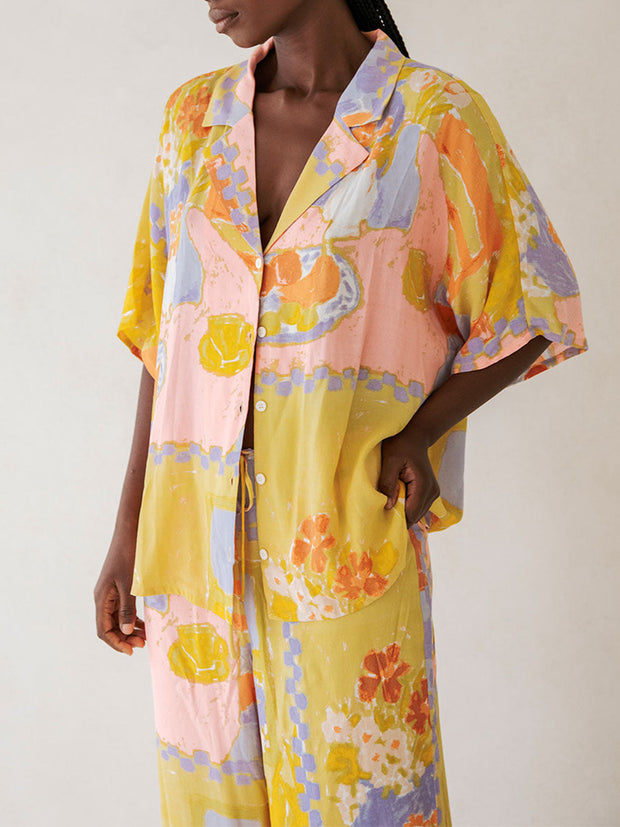 Fashionable holiday style floral shirt wide-leg pants two-piece suit