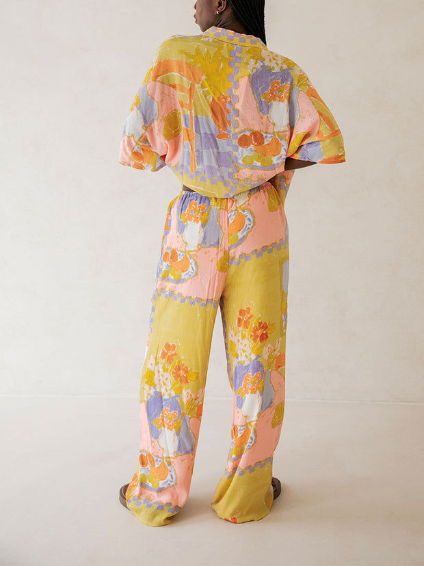 Fashionable holiday style floral shirt wide-leg pants two-piece suit