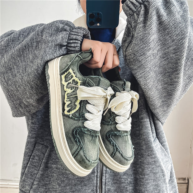 Retro washed denim stitching street couple skateboard shoes
