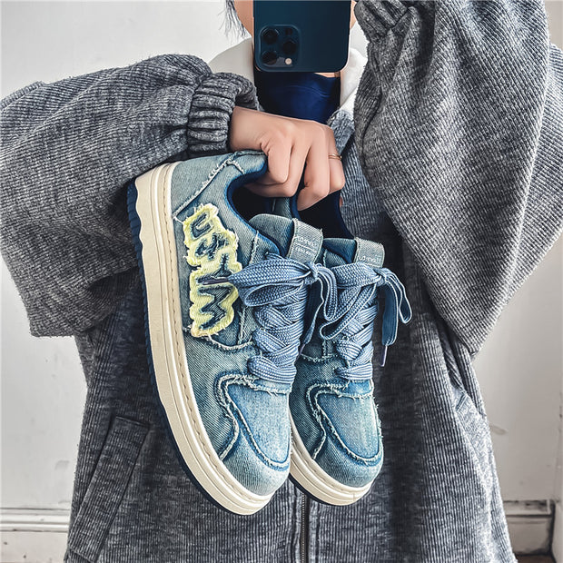 Retro washed denim stitching street couple skateboard shoes
