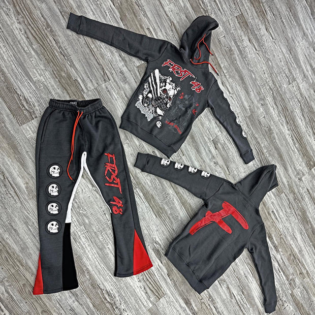 Stylish Retro Skull Print Hoodie Contrast Color Flare Pants Set