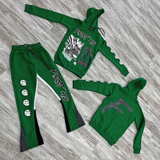 Stylish Retro Skull Print Hoodie Contrast Color Flare Pants Set