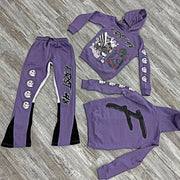 Stylish Retro Skull Print Hoodie Contrast Color Flare Pants Set
