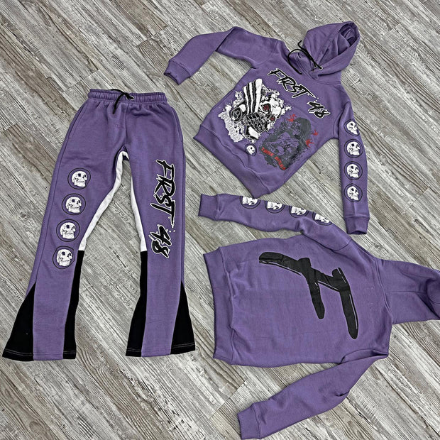 Stylish Retro Skull Print Hoodie Contrast Color Flare Pants Set