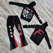 Stylish Retro Skull Print Hoodie Contrast Color Flare Pants Set