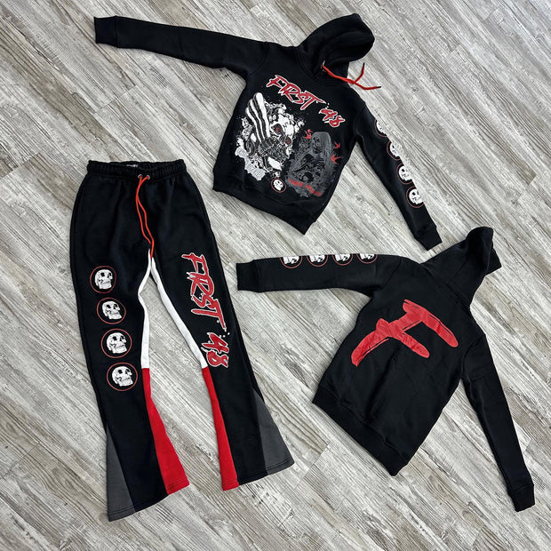 Stylish Retro Skull Print Hoodie Contrast Color Flare Pants Set