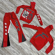 Stylish Retro Skull Print Hoodie Contrast Color Flare Pants Set