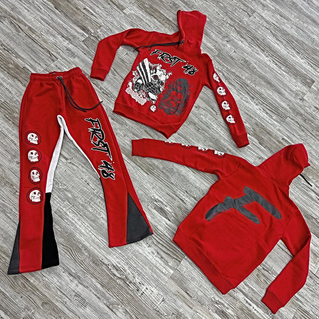 Stylish Retro Skull Print Hoodie Contrast Color Flare Pants Set