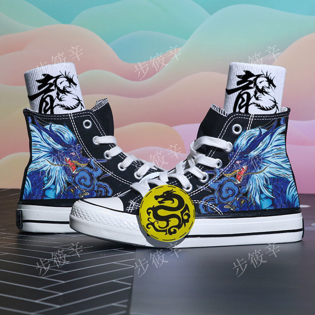 Trendy graffiti ink dragon astronaut canvas shoes