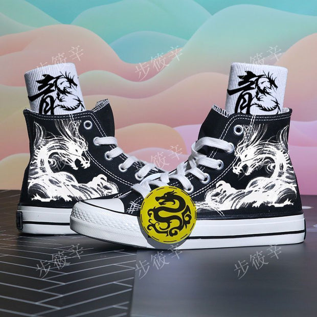 Trendy graffiti ink dragon astronaut canvas shoes