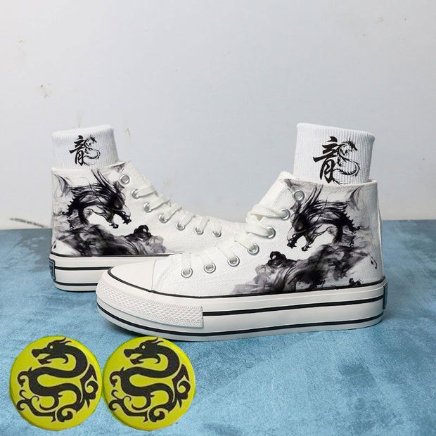 Trendy graffiti ink dragon astronaut canvas shoes