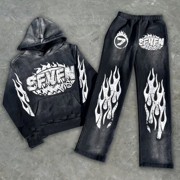 Flame Seven Casual Street Retro Washed Two-piece Suit