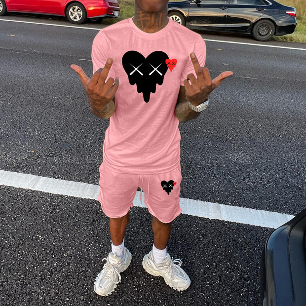 Funny Heart Print Short Sleeve Two Piece Set