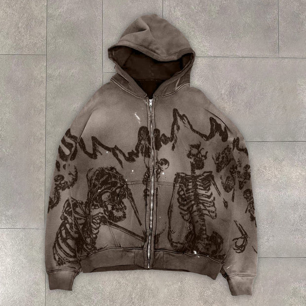 Retro Hip Hop Skull Zip Hoodie