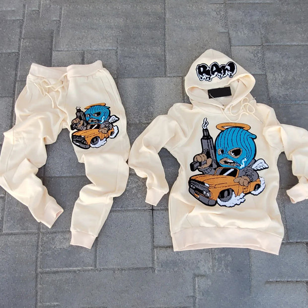 Casual retro print hoodie set