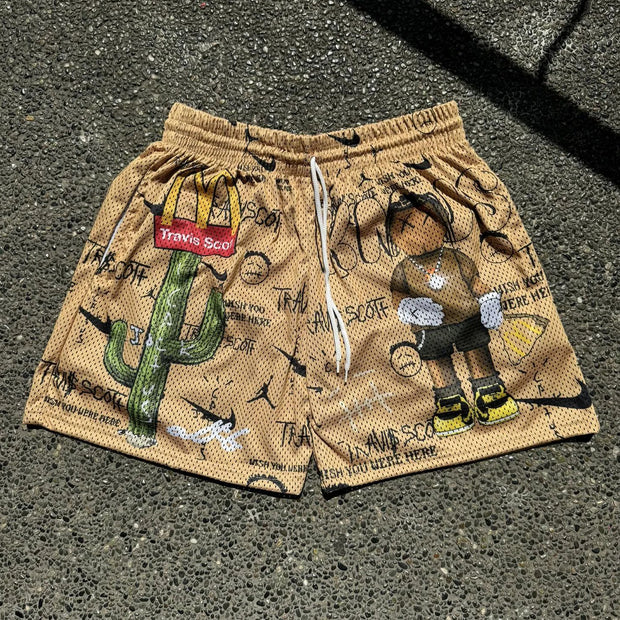 Cactus Cartoon Print Mesh Shorts