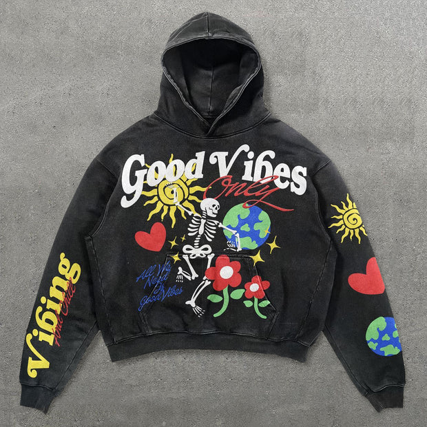 Good Vibes Print Long Sleeve Hoodies