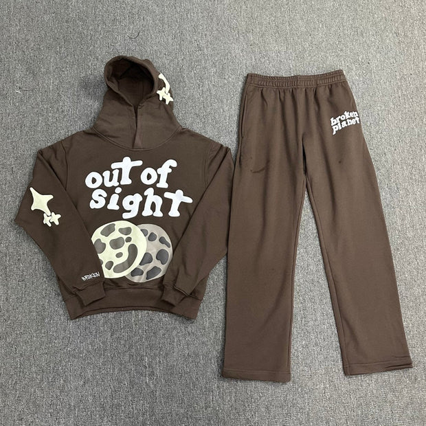 Moon-print casual streetwear two-piece suit