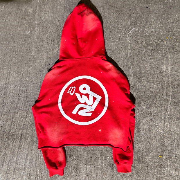 Multi-pocket rhinestone cropped zip-up hoodie