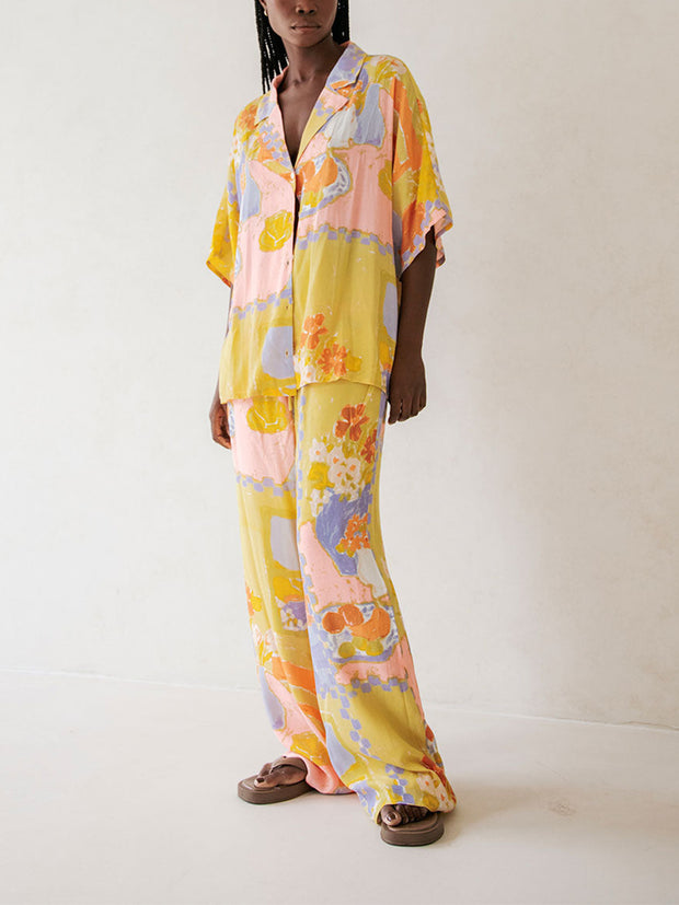 Fashionable holiday style floral shirt wide-leg pants two-piece suit
