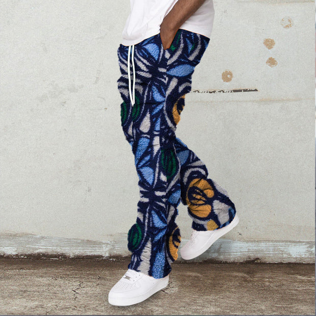 Contrast floral print sherpa hip-hop trousers