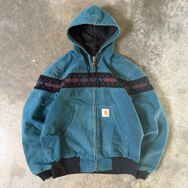 Retro ethnic pattern contrast zip-up anorak