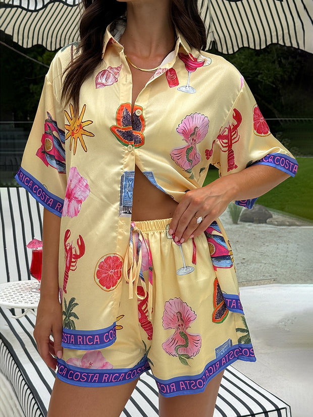 Resort Style Printed Button Blouse Shorts Two-piece Set