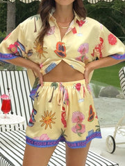 Resort Style Printed Button Blouse Shorts Two-piece Set