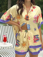 Resort Style Printed Button Blouse Shorts Two-piece Set