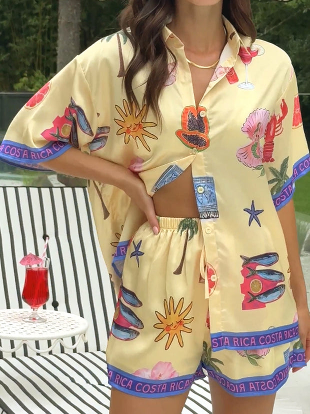 Resort Style Printed Button Blouse Shorts Two-piece Set