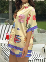 Resort Style Printed Button Blouse Shorts Two-piece Set