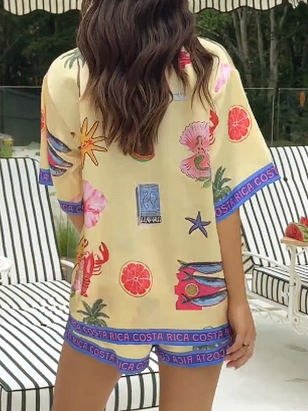 Resort Style Printed Button Blouse Shorts Two-piece Set