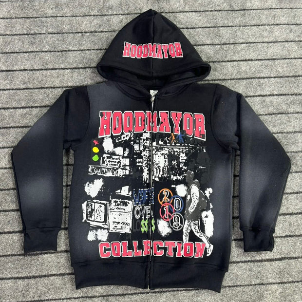 Collection Print Long Sleeve Zipper Hoodies