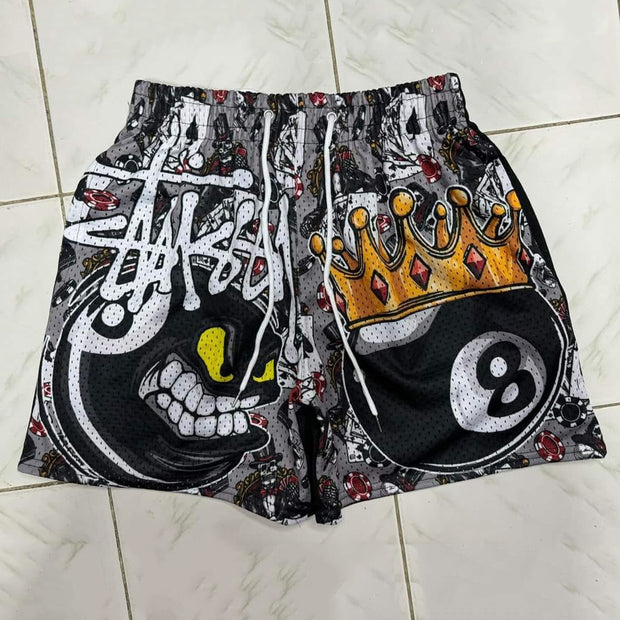 Black eight casual street retro graffiti mesh shorts