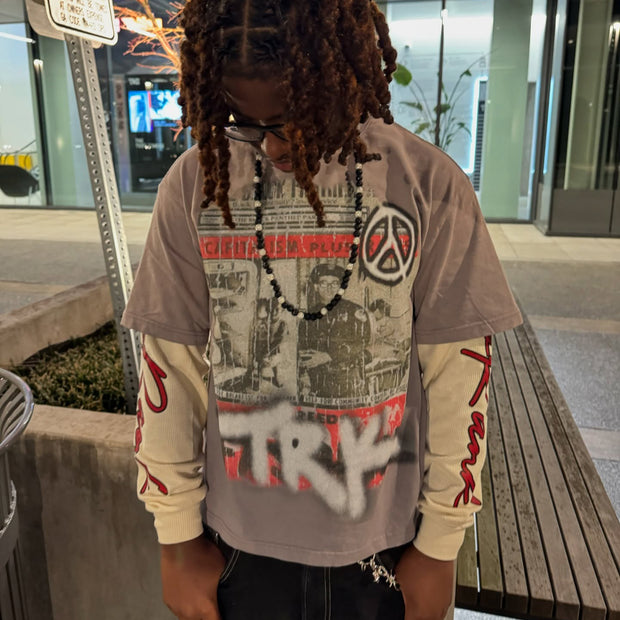 Stop the War Casual Street Retro Stitching Long Sleeve T-Shirt